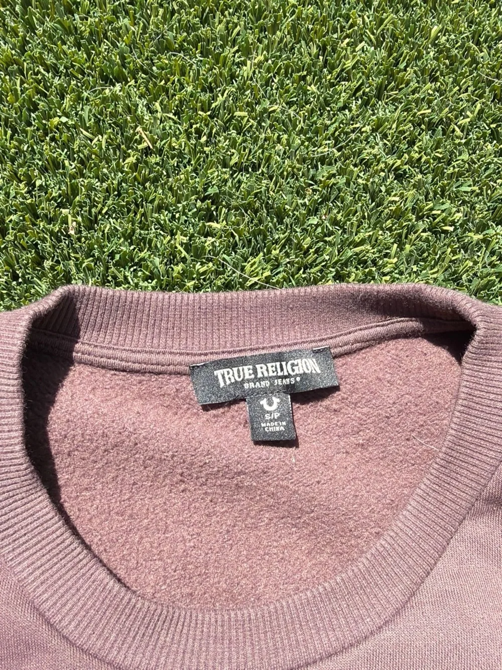 True Religion Mauve Crewneck Sweatshirt with White Buddha Graphic